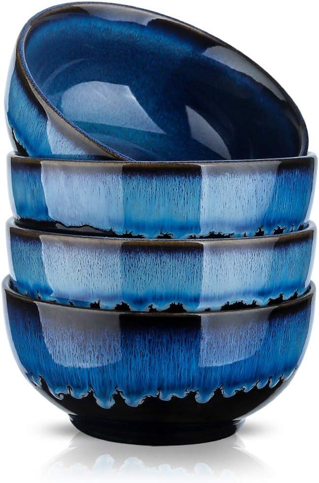 KOOV 24 Ounce Soup Bowl Set, Porcelain Cereal Bowls Microwave And Dishwasher Safe, Ceramic Kitchen Bowls For Oatmeal Breakfast, Chip, Rice, Reactive Glaze Set of 4 (Nebule Blue)