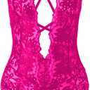 SOLY HUX Women's One Piece Lingerie Sexy Lace Babydoll Deep V Teddy Criss Cross Backless Teddy Mini Bodysuit (XX-Large, Pure Hot Pink)