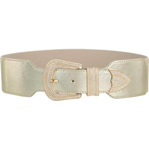 Sparkly Wide Stretchy Rhinestone Waist Belt for Women Vintage Bling Elastic Buckle Belt for Ladies Dresses (Beige)