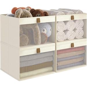 Linen Closet Organizers and Storage, Closet Storage Bins Basket Organizer, Foldable Organization Baskets with Mesh Window for Clothes Towels and Toys, 14.5" x 14.5" x 10.25", Beige, 4 pack