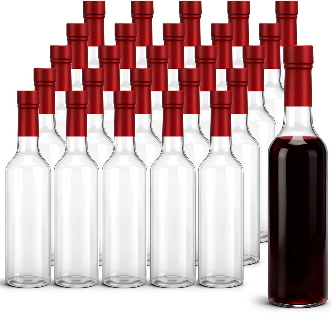 Potchen 25pcs 300ml Plastic Bottles with Screw Lid and Shrink Capsules Caps Seals, Empty Clear Long Neck Bottles for Christmas Homemade Drinks Gift Coquito Vanilla Extract Limoncello (Red)