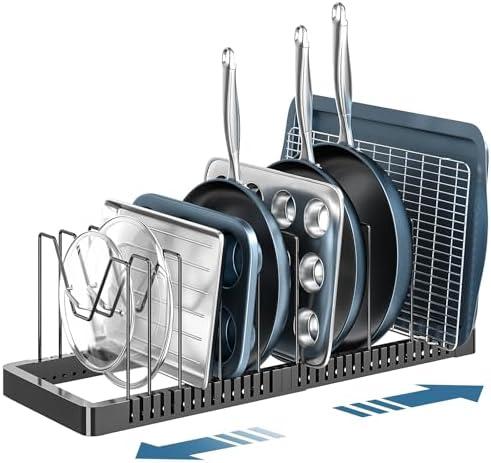 PanPanPal Pots and Pans Organizer Rack for Cabinet, Expandable Pot Lid Organizer Holder with 10 Adjustable Compartment, Kitchen Cabinet Organizer for Lids & Bakeware - Pantry & Countertop Storage Rack