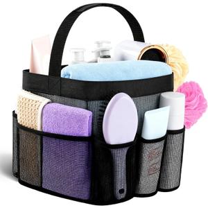Mesh Shower Caddy Portable for College Dorm Room Camping Essentials, Shower Caddy Dorm with 9-Pockets, Large Capacity Hanging Basket Bathroom Bag for Toiletry, Swimming, Gym, Camp, Beach, Black