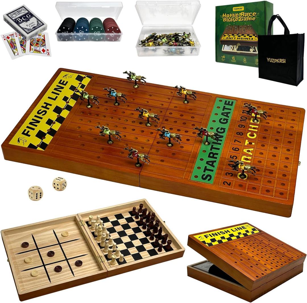 Large 23 Inches Horse Race Board Game with Luxury Metal Numbered Horses, 4 In 1 Foldable Wood Horse Race Board Game with Dice Poker Chips/Chess & Checkers/Tic Tac Toe for for Adults Family Parties (Brown)