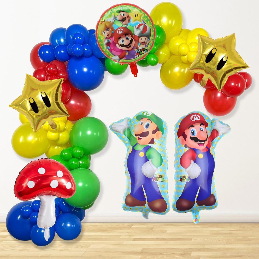 Mario Birthday Party Supplies, 133Pcs Balloons Arch Garland Kit, Assorted Latex Foil Balloons for Mario Birthday Party Decorations