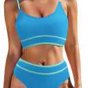 Zando High Waisted Swim Suits for Women 2025 Ribbed Swimsuit 2 Piece Color Block Sporty Bikini Sets Modest Bathing Suit (Large, Blue Green Splice)