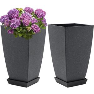 Neoaider Set of 2 Tall Planter, 21 inch Large Plastic Planter with Drain Hole & Saucers, Large Outdoor Planters for Porch, Garden, Patio, Balcony(Cement Gray)