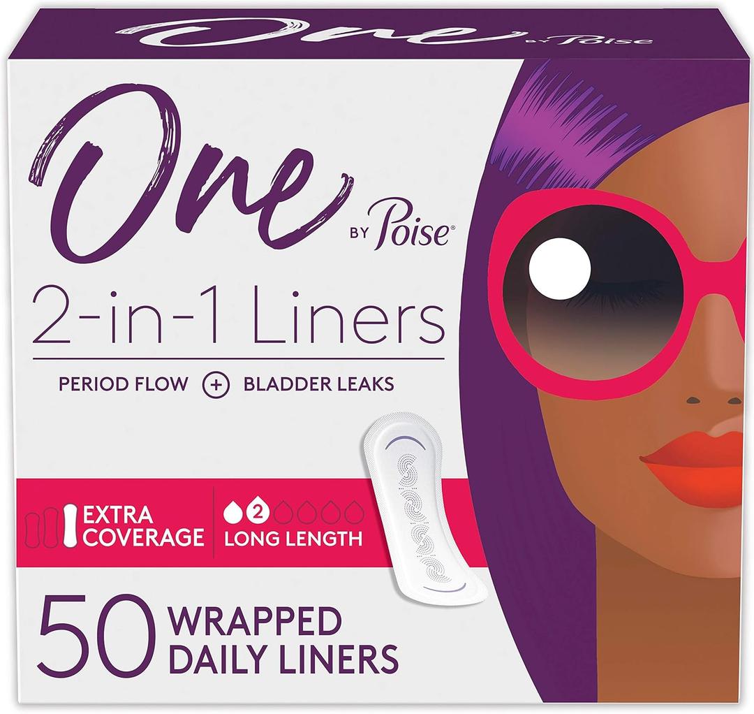 One by Poise Panty Liners (2-in-1 Period & Bladder Leakage Daily Liner), Long, Extra Coverage for Period Flow, Very Light Absorbency for Bladder Leaks, 50 Count