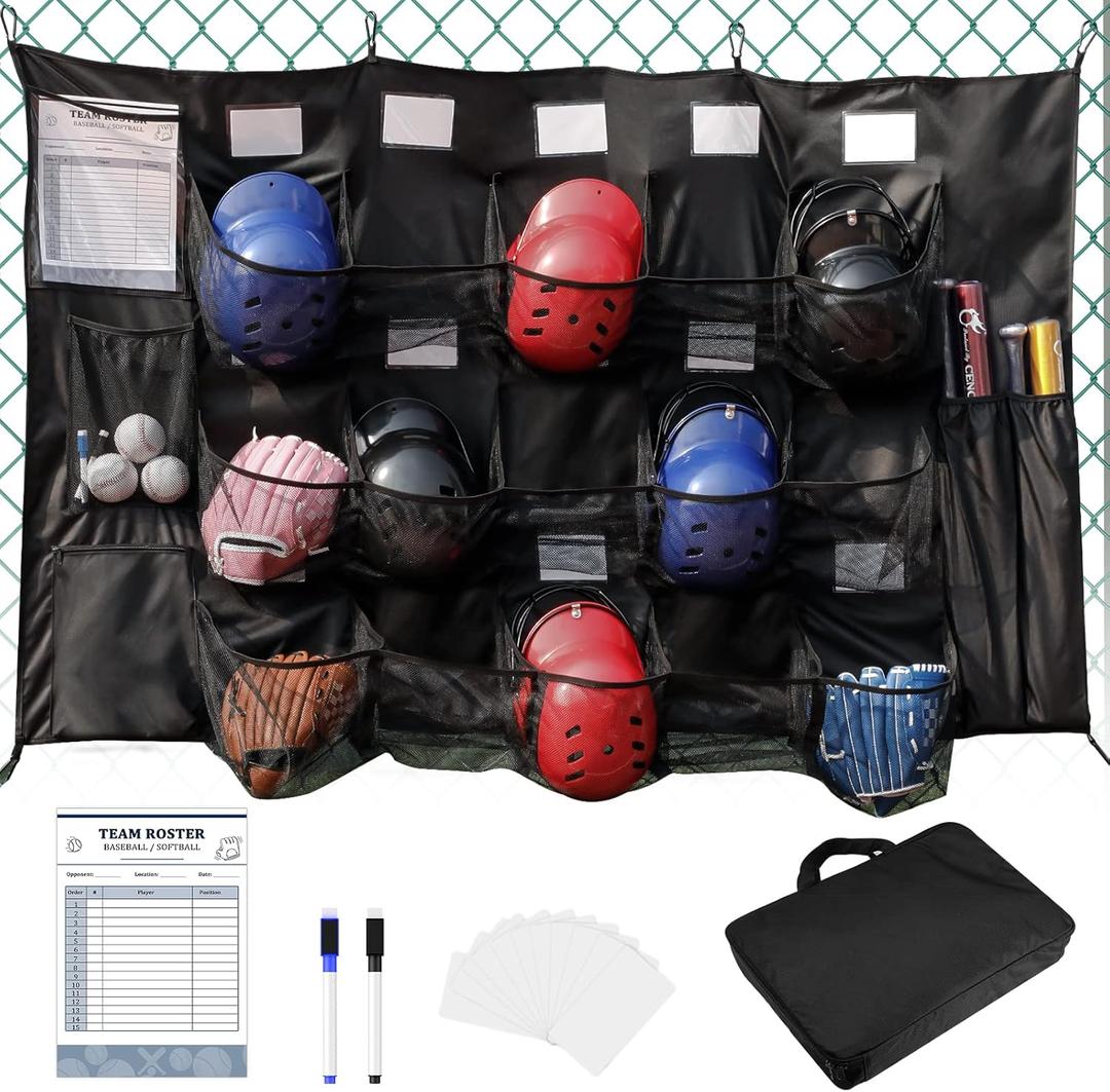 QBA Hanging Helmet Bag for Baseball Softball Team, Helmet Organizer for Dugout Fence Garage, Hold Up to 15 Players Helmets 4 Bats with Name Cards Roster Line Up, Black QBA Hanging Helmet Bag for Baseball Softball Team, Helmet Organizer for Dugout Fence Garage, Hold Up to 15 Players Helmets 4 Bats with Name Cards Roster Line Up, Black