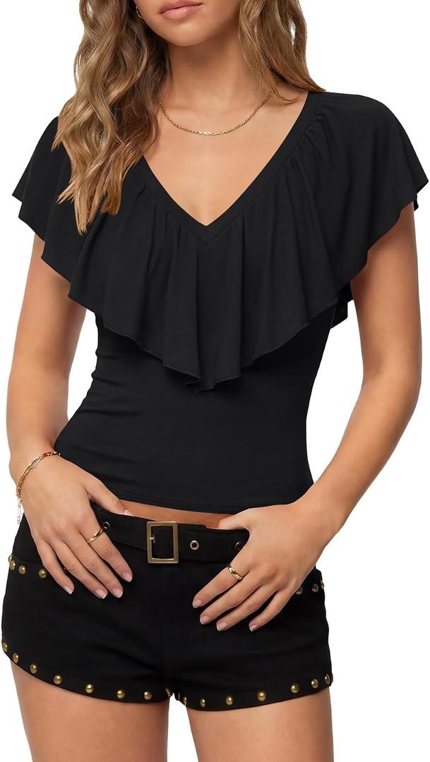 KIFOVEN Women's V Neck Ruffle Short Sleeve Blouse Elegant Dressy Tops Summer Slim Fit Casual Fashion Shirt (Black, L)