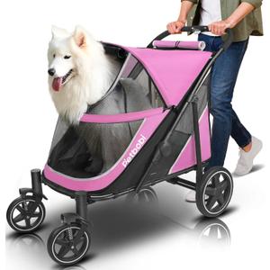 Petbobi Dog Stroller for Large & Medium Dogs - Easy Fold Dual Entry Pet Stroller with One-Foot Brake, All Terrain Wagon Cart with Air Mesh, Ideal for Large Senior Pets up to 80 lbs, Pink