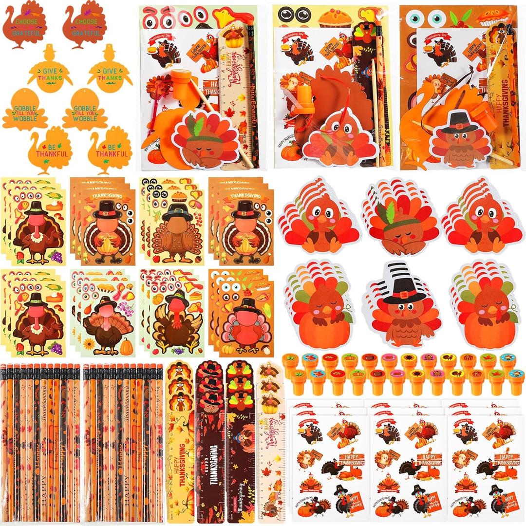 Epakh 192 Pcs Fall Thanksgiving Party Favors Classroom Gifts Friendsgiving Goodie Bags Carnival Day Prizes Pumpkin Turkey Pencils Notepads Stamps Bulk for Autumn Themed Stationery Rewards Set (Turkey)