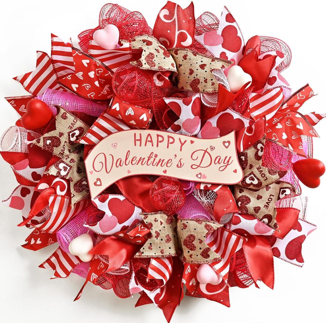 Waipfaru 18 Inch Valentines Day Mesh Wreath,Valentines Wreaths for Front Door with Wooden Sign Fishnet Yarn, Valentines Day Wedding Decorations for Indoor and Outdoor (Red)