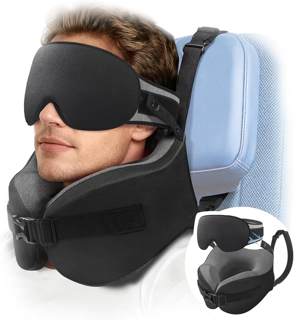 YFONG Travel Pillow for Long Flight Airplanes, Head Strap Combo with 3D Contoured Eye Mask for Sleep, Neck Pillow for Car Trip Essential, 360 Support Memory Foam Headrest, Prevent Head Bobbing, Black