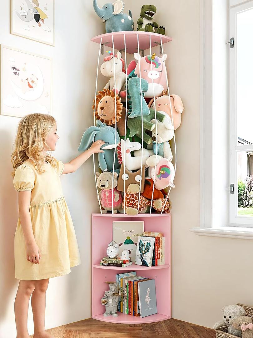 74.7" H Stuffed Animal Storage with 2-Tier Corner Bookshelf - Wall Mount Height Adjustable Plush Toy Organizer, Wooden Kids Bookshelf for Small Spaces Nursery Playroom Kids Room, Pink
