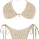 ZAFUL Women's Bikini Set Fishnet Triangle Tie Convertible Collar Halter Bandeau Shell Two Piece Bathing Suit (Large, Khaki)