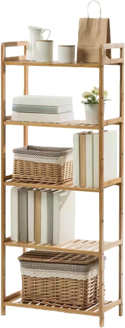 Bamboo Bathroom Shelf Organizer, 5 Tier Wooden Bathroom Rack with Adjustable Shelves, Free Standing Shelving Unit Open Bookcase Plant Shelf Indoor, 50" Storage Shelves for Kitchen Living Room, 5-Tier -68cm