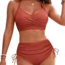Blooming Jelly Womens High Waisted Bikini Sets Drawstring Tummy Control Swimsuits Crisscross Tie Back Bathing Suit (Medium, Brick Red)