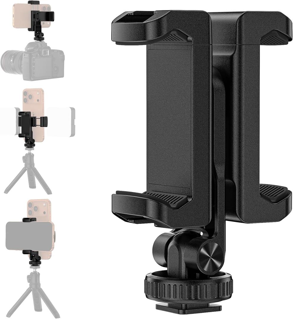 Tripod Phone Mount, Dual Phone Holder with 4 Cold Shoe and 1/4" Screw, 360 Rotates and 180 Tilts Adjustable Cold Shoe Mount for Phone, Camera, Stabilizers, Video, Live Streaming, Vlogging