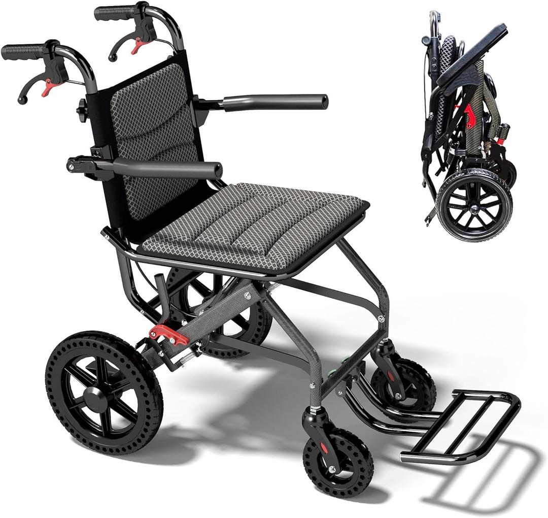 15 Inch Seat Transport Wheelchair for Adults 12 Inch Honeycomb Tire, Locking Hand Brakes Lightweight Foldable (Only Takes 1S), Ultra Light Wheelchair with Telescopic Handle(Only 20LBS, Holds 270 LBS)
