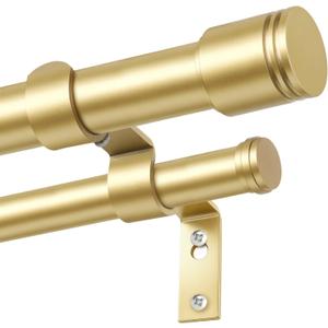 USFOOK 1 Inch Gold Double Curtain Rods for Windows 66 to 120 Inches (5.5 to 10 Ft), Telescopic Dual Curtain Rods with Classic Cap Finial, Double Drapery Rod for Bedroom, Patio