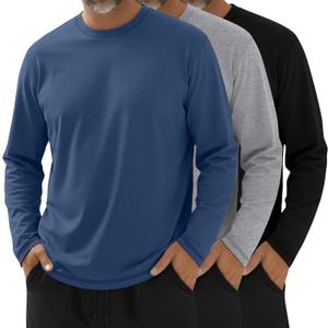 Velvelhall 3 Pack Men's Big and Tall T-Shirts, Crew Neck Cotton Shirts Long Sleeve Casual Tees Slit Hem Fall Basic Tops (XX-Large, Black, Light Gray, Haze Blue)