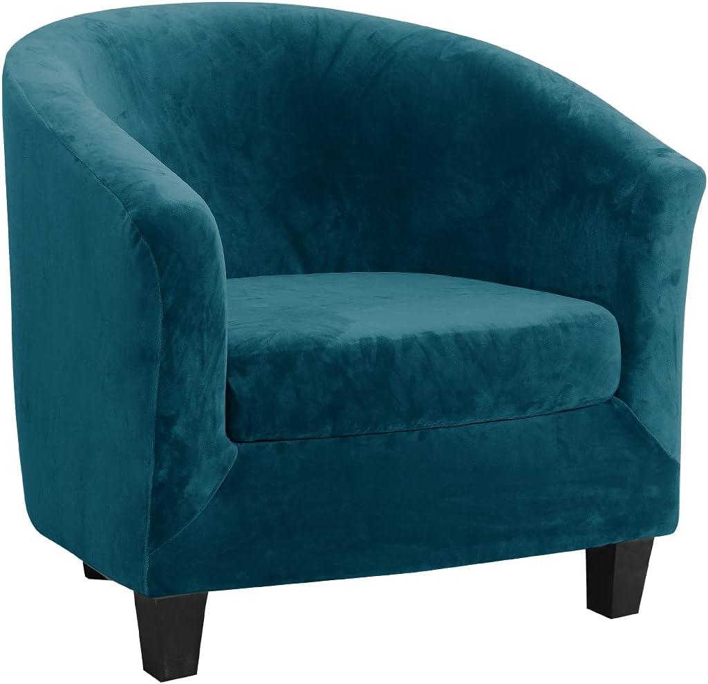 Tub Chair Slipcover 2-Piece Velvet Stretch Barrel Club Chair Covers with Cushion Cover Soft Washable Armchair Sofa Couch Furniture Protector for Living Room Counter Hotel (Deep Blue)