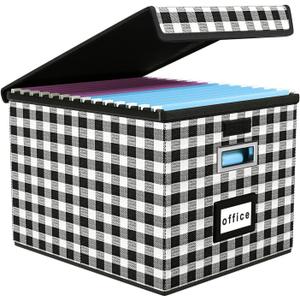 Huolewa Collapsible File Storage Organizer Box with Lid, Lattice Linen Office Document Storage, Universal Hanging Filing Organization Box for Letter/Legal Folder, Decorative Home File Bin (Black & White Lattice)