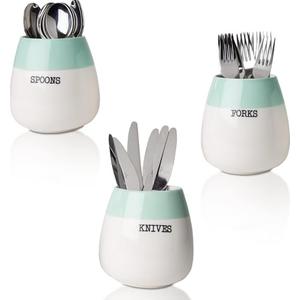 Comfify Ceramic Honeypot Cutlery Holder – Set of 3 – Sage Green and White Farmhouse Silverware Caddy for Kitchen Countertop – Spoon, Fork & Knife Organizer for Parties – Rustic Ceramic