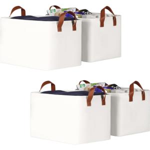 KEEGH Storage Baskets for Organizing, Fabric Storage Bins with Leather Handles, Shelf Baskets for Closet Organization, 15" L x 11" W x 10" H, White, 4 Pack