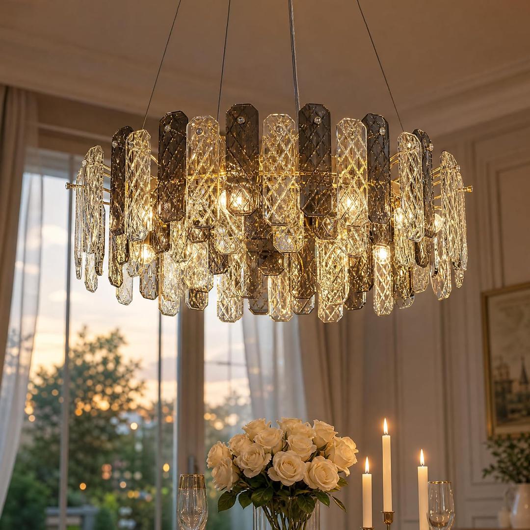 24" Luxury Crystal Chandelier, Smoke Grey K9 Crystal Chandeliers for Dining Room, Round Crystal Ceiling Lighting for Kitchen Island, Living Room, Bedroom, Hallway, Foyer D24 (D24“H7.08”)