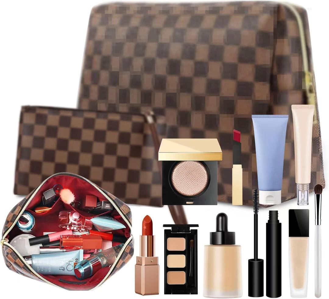 Makeup Bag, 2 Pcs Portable Leather Checkered Cosmetic Bag, Waterproof Travel Toiletry Bag for Women Gift