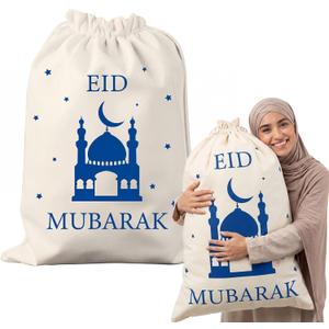 Yoojahow 2pcs 28x20inch Large Eid Mubarak Gift Bags Big Ramadan Canvas Sack Gift Bags with Drawstring for Eid Mubarak Goodie Package Storage