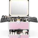 Qislee Makeup Box with Drawer and A Detachable Lighted Mirror, Waterproof Travel Train Case, Cosmetic Organizer and Makeup Suitcase with Adjustable Dividers, Magnetic LED Mirror (ICY Pink)