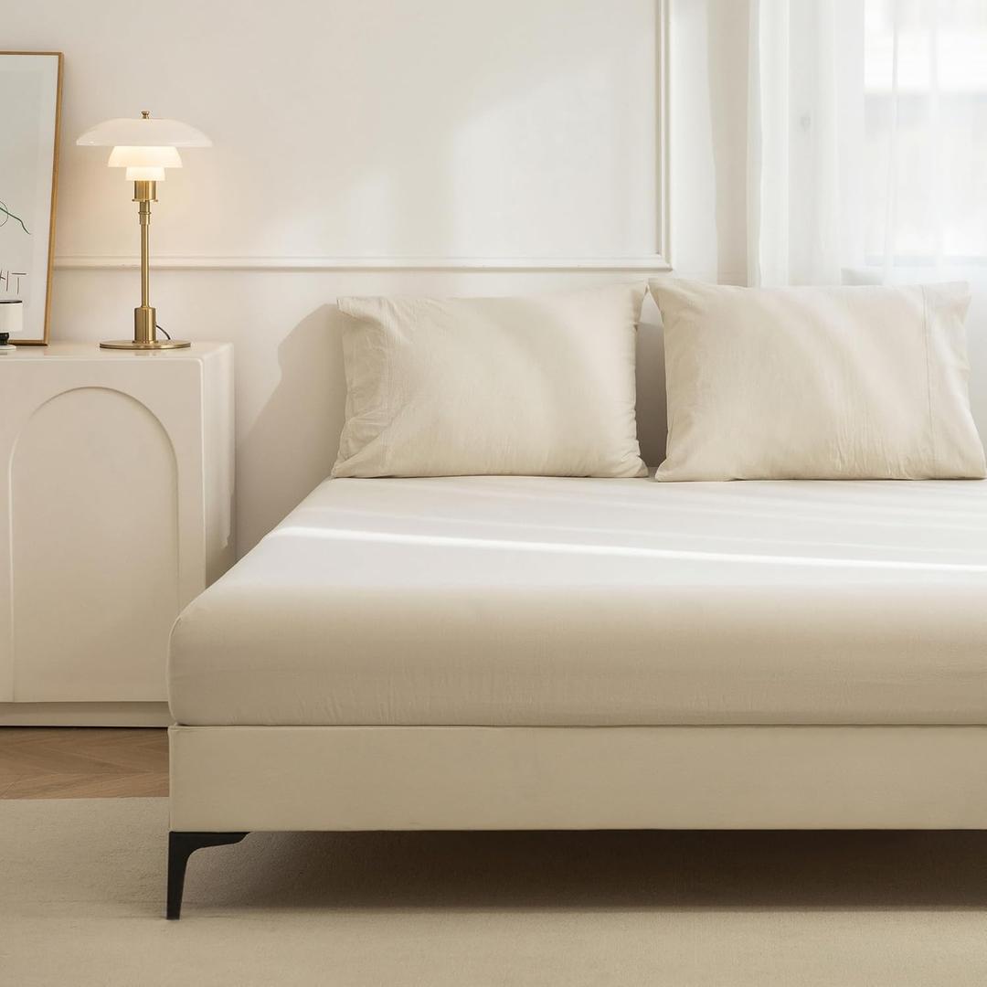 JIYUAN 100% Washed Cotton 3 Pieces Queen Fitted Sheet Set,Linen Like Cozy Soft & Breathable, Deep Pocket Fitted Sheet (Fits Mattress up to 17") + 2 Pilowcases, Heathered Beige