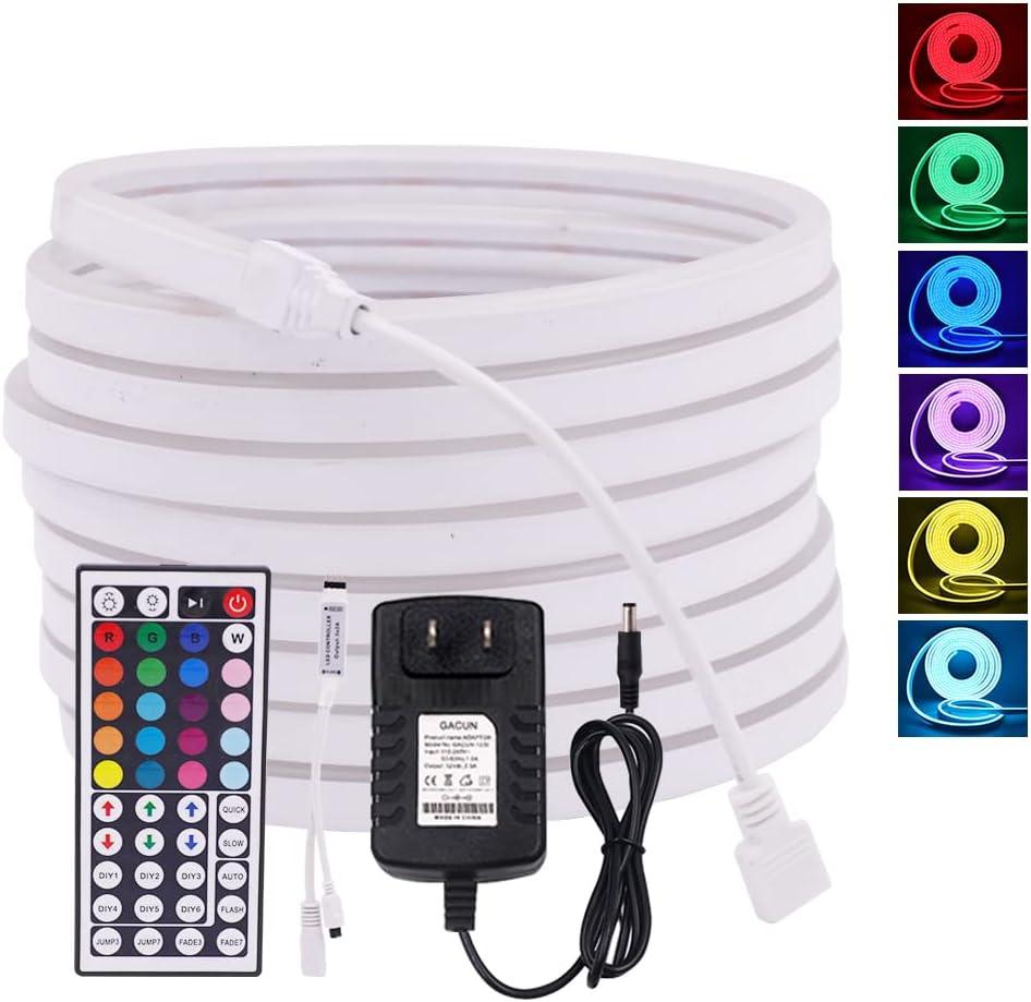 XUNATA RGB LED Neon Strip, SMD 3535 108LEDs/m Multicolor Neon Light Strip, Waterproof Flexible LED Neon Tube with 44-Keys Remote Control and 12V Power Supply for Party, Stage Lighting (16.4ft/5m)