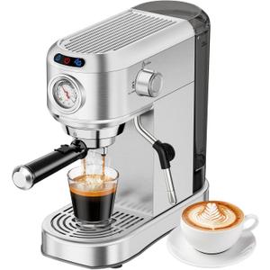 Espresso Machine 20 Bar, Compact Espresso Maker, Stainless Steel Expresso Coffee Machines with Steam Milk Frother & 34oz Removable Water Tank for Home Latte, Cappuccino, Silver