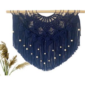 Youngeast Large Macrame Wall Hanging Boho Beaded Curtain for Window Macrame Bedroom Headboard Living Room Wall Art Tassel Tapestry Bohemian Woven Wall Decor 31" W X 25" H (Navy)