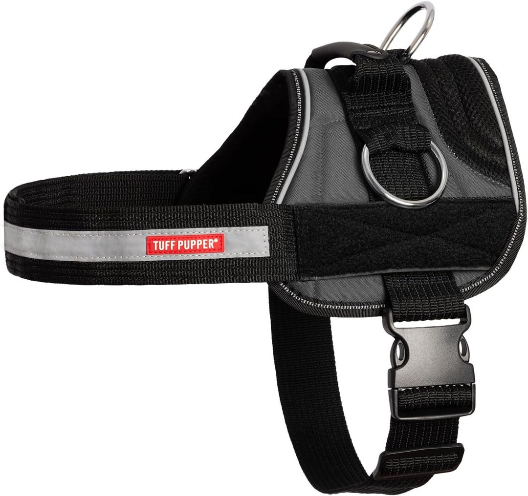 Tuff Pupper Fast Fit Harness for Extra Large Dogs | No Pull No Choke, Escape-Proof | Rugged Padded Breathable Vest | Traffic Control Handle | 3 Leash Clips | Reflective Trim | Easy On Off (XL, Grey)