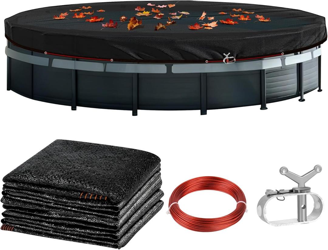 27.8FT Round Leaf Net Cover for 24FT Above Ground Pools - Heavy-Duty, with Winch & Cable, Blocks Leaves & Debris (Black)