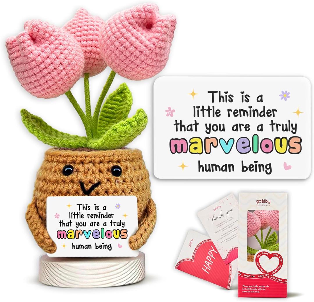 Gossby Handmade Positive Tulip Flower Crochet - This is A Little Reminder - Inspirational Gift for Women - Thank You, Appreciation, Positive Gift for Teacher, Mom, Friend, Coworker - Knitted Decor