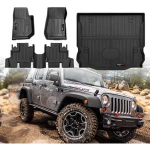 for 2007-2018 Jeep Wrangler JK 4 Door Floor Mats and Trunk Cargo Liner,All Weather Protection TPE Rubber Car Floor Liners, Front & Rear, Black (for 2007-2018 Jeep Wrangler JK 4 Door)
