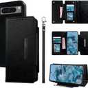 Trifold Wallet Case for Google Pixel 8 Pro 5G with Detachable Magnetic Flip Purse Wrist Strap Card Holder, Luxury PU Leather Stand Cell Phone Cover for Pixel8Pro Pixel8 XL Eight 8Pro Black