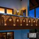 DBFAIRY Christmas Net Lights,196 LED 13.1x1.9Ft Waterproof Outdoor Christmas Lights Net Mesh Light Mains Powered Timer Built in LED Net Light Holiday Decor for Balcony Fence Roof Railing Wall (Warm White Star)