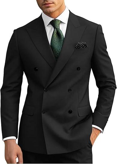 Wangyue Mens Suits Double Breasted Suit Men Slim Fit 2 Piece Wedding Prom Double Breasted Blazer Groom Suit Pants Sets, Jacket S, Pants M