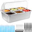 Cold Food Buffet Server - Countertop Chilled Condiment Container with 6 Pans & Flip Lid, Portable Salad Bar with Tongs, Spoons, and Ice Packs for Buffets, Parties