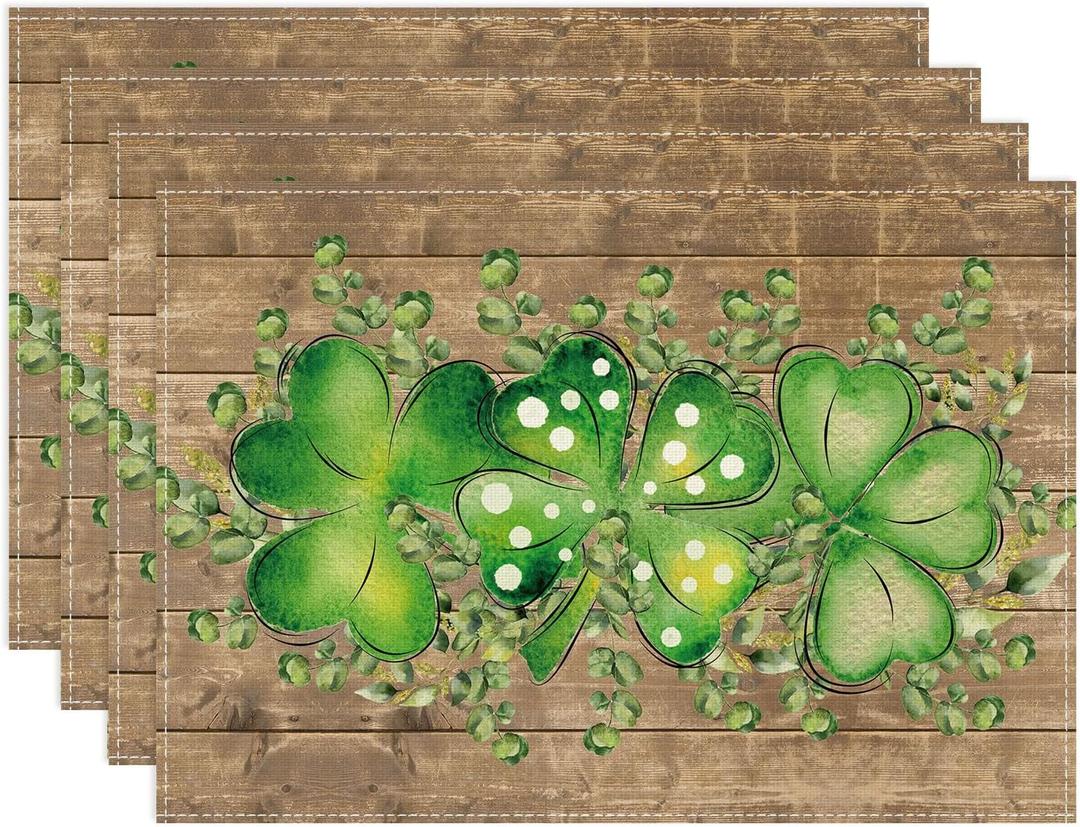 XCHI Wood Grain Green Shamrocks Clovers Eucalyptus Leaves St. Patrick's Day Placemats Set of 4 Table Mats for Party Home Kitchen Dining Table Decorations 12x18 Inch