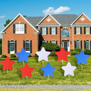 Geelin 12 Pack 4th of July Yard Sign Patriotic Stars Yard Sign with Stakes Red White and Blue Stars Decoration Independence Day Star Decoration with Stick for Lawn and Garden Outdoor