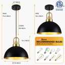 16'' Large Dome Pendant Lights for Kitchen Island, 2 Pack Black and Gold Dome Pendant Light Fixture, Modern Farmhouse Industrial Chandelier for Dining Room Bar Living Room