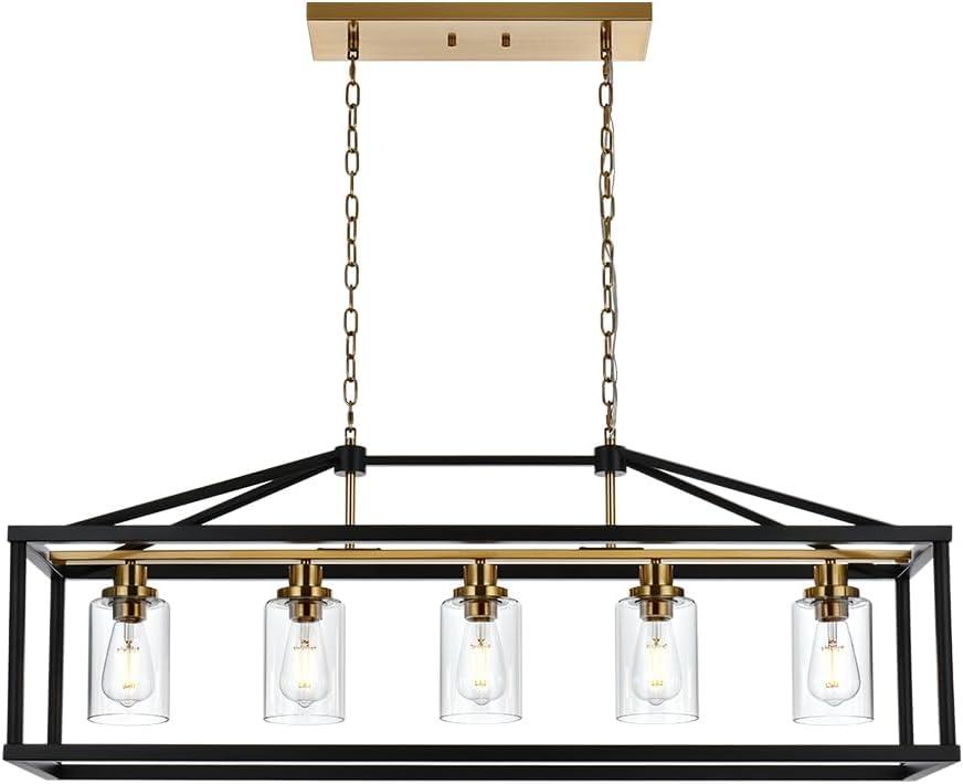 BONLICHT Rectangle 5 Lights Black Modern Dining Room Lighting Fixtures Hanging Over Table, Industrial Brushed Brass Chandeliers Farmhouse Kitchen Island Linear Pendant Light Ceiling with Clear Glass